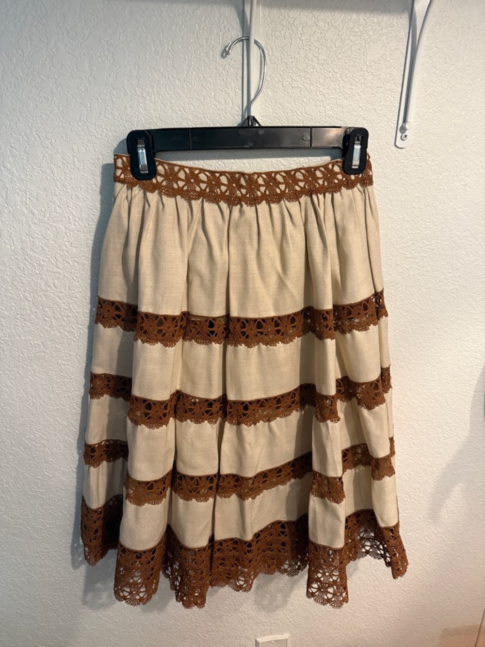 Vintage Cream Skirt with Brown Crochet Trim